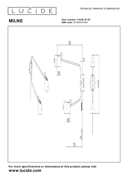 Lucide MILNE - Wall light - LED Dim. - 2x8W 2700K - Black - technical